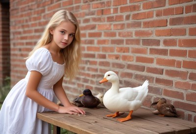Girl in white dress watches duck by brick wall