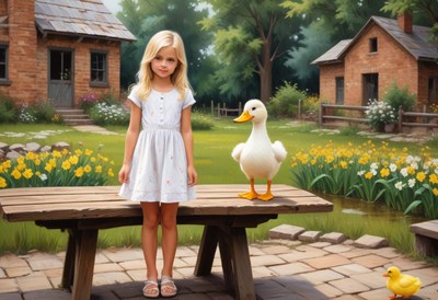 A young girl stands near a duck on a wooden bench