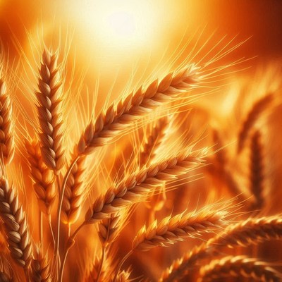 Golden wheat stalks sway in the sunset