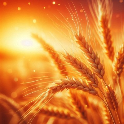 Golden wheat stalks sway in the warm sunset light