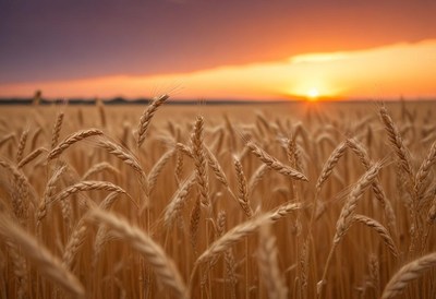 Sunset over a distant wheat field