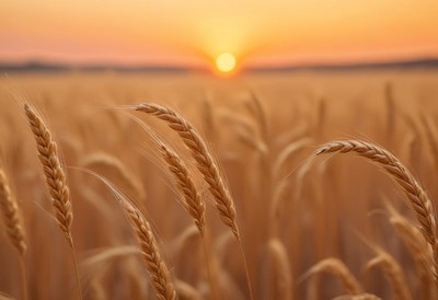 Golden wheat stalks sway in the sunset breeze