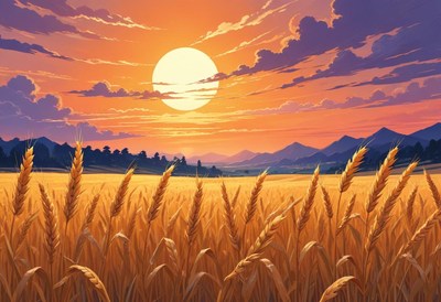 Wheat sways in the evening breeze at sunset
