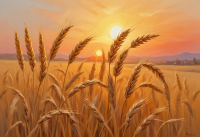 Wheat stalks sway in the golden light of sunset