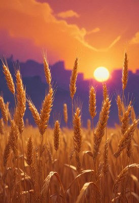 Golden wheat sways in the breeze at sunset