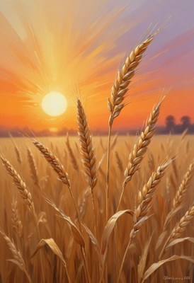 Wheat stalks sway in the breeze at sunset