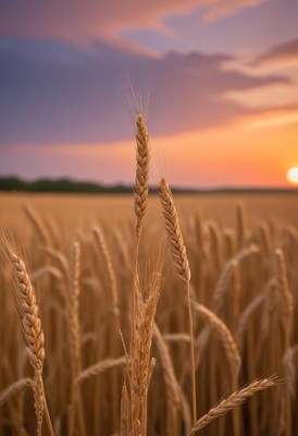 Wheat stalks stand tall in a field at sunset