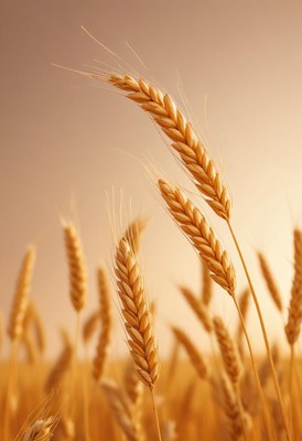 Wheat stalks stand tall in a field at sunset