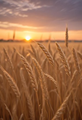 Wheat sways in the wind at sunset