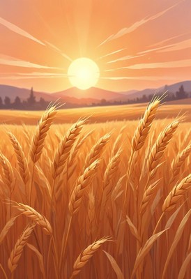 Golden wheat sways in the breeze at sunset