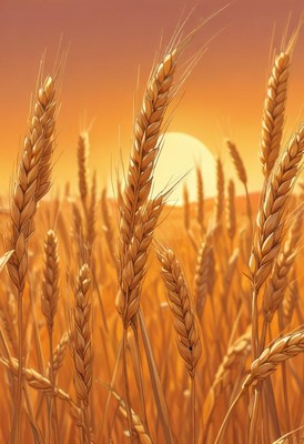 Golden wheat stalks sway in the sunset