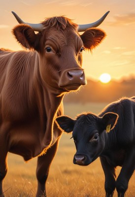 A brown cow and her calf stand in a field at sunset