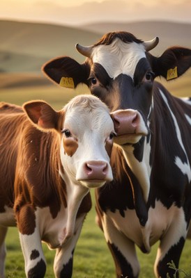 Two cows stand in a field at sunset
