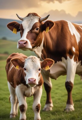 A mother cow and her calf stand in a grassy field