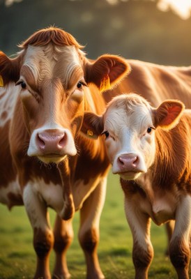 A cow and her calf stand in the sunlit field