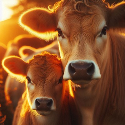 A cow and calf stand close together at sunset