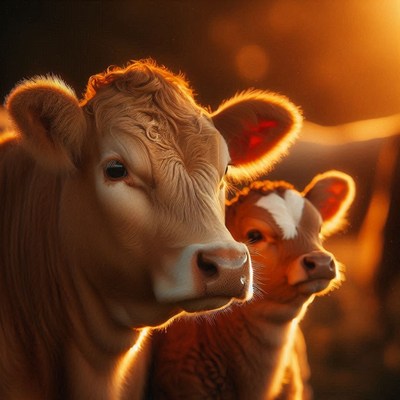 A cow and her calf stand close together in the golden sunset