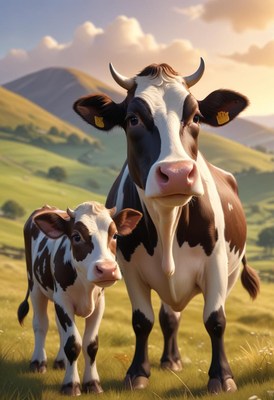 A cow and her calf stand in a grassy field