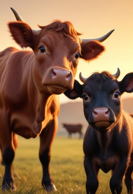 A brown cow and a black calf stand in a field