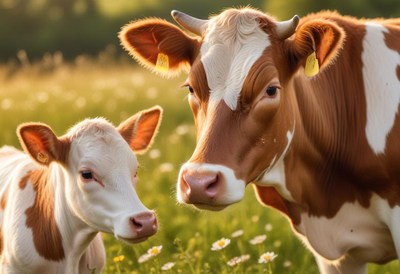 A cow and calf stand in a grassy field