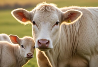 A cow and calf stand in a grassy field