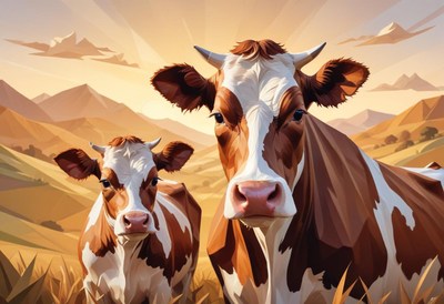 Two cows, a mother and calf, stand in a field of grass