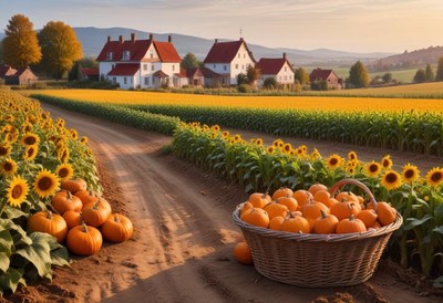 Pumpkins on a dirt road amid sunflowers