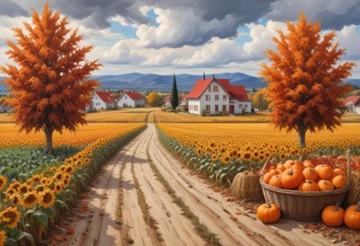 A dirt road leads through a field of sunflowers and pumpkins