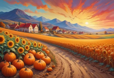 A country road winds through a field of pumpkins at sunset