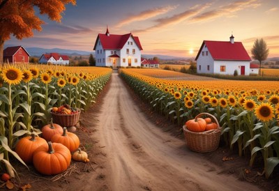 Dirt road through sunflowers to a farmhouse
