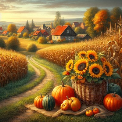 A rustic path winds through a cornfield to a village