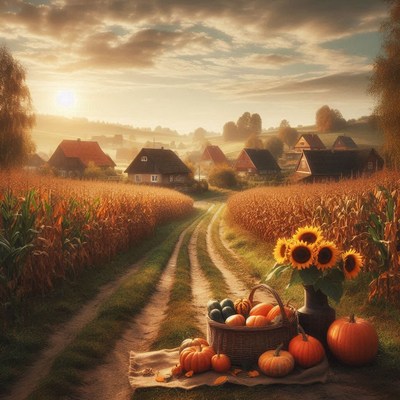 Sunrise over a country road by a cornfield