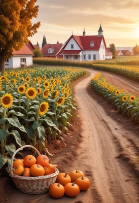 A dirt road through sunflowers leads to a farmhouse
