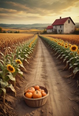 Pumpkins sit on a path in a sunflower field