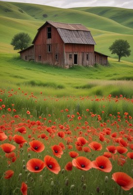 A red barn stands alone in a field of poppies