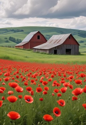 Two red barns sit in a field of poppies