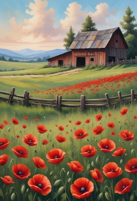 A red barn sits in a field of poppies on a sunny day