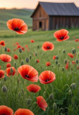 Red poppies bloom in a field near a rustic barn
