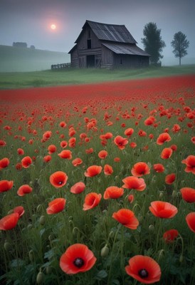 A weathered barn sits in a field of red poppies at sunset