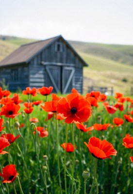 Red poppies bloom in front of a weathered barn
