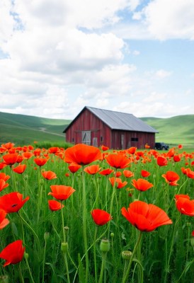 Red poppies bloom in a field near a red barn