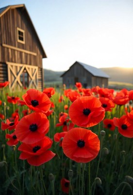 Red poppies bloom near a rustic barn