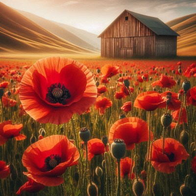 Red poppies bloom in a field near a wooden barn