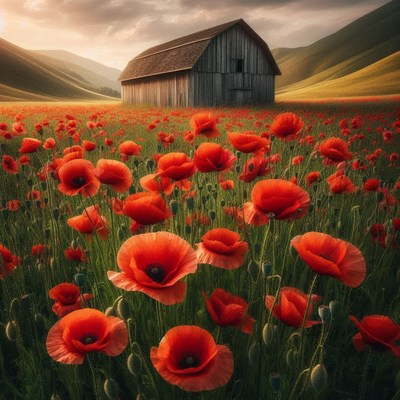 A rustic barn stands in a field of red poppies