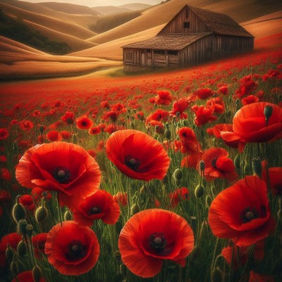 A barn overlooks a field of red poppies