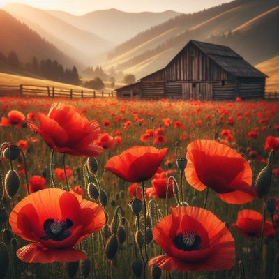 Red poppies bloom in a field near a wooden barn