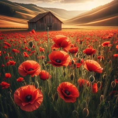 Red poppies bloom in a field near a small wooden cabin