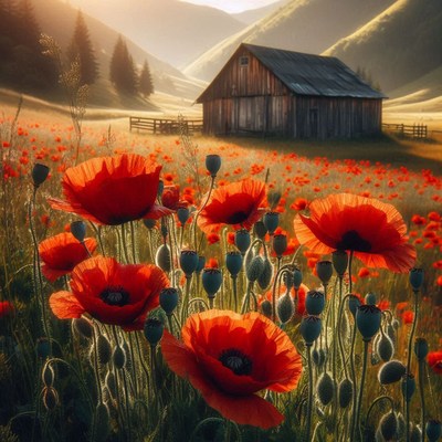 Red poppies bloom in front of a rustic cabin