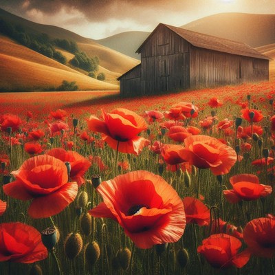 A field of red poppies blooms in front of a weathered barn