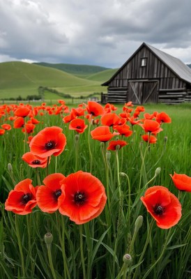 Red poppies bloom in a field near a rustic barn